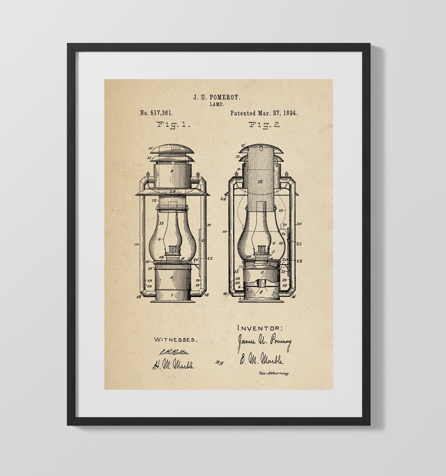 Patent Print - Lamp - J. U. Pomeroy - 1894 - Patent 517361 Patent Wall Art