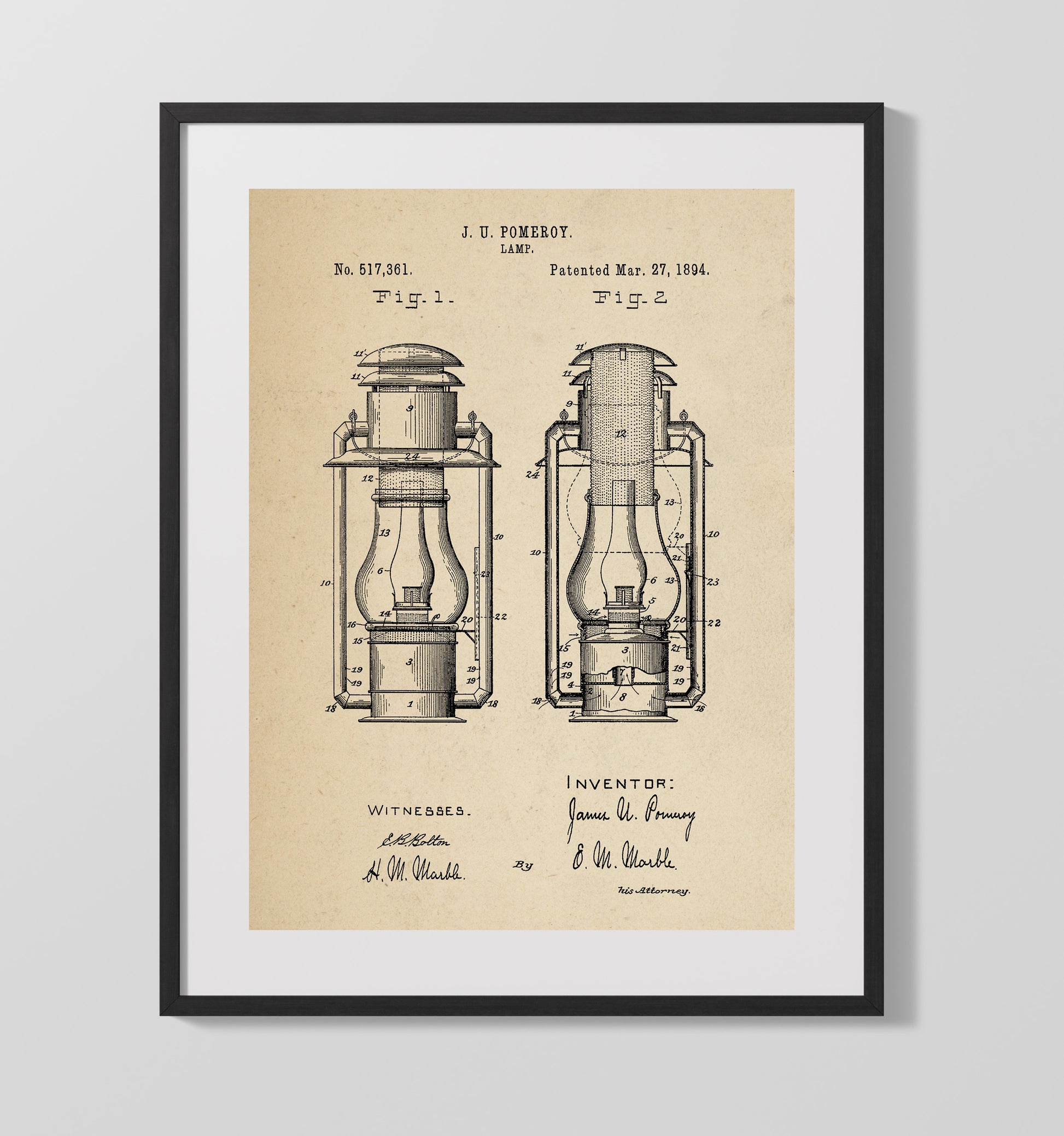 Patent Print - Lamp - J. U. Pomeroy - 1894 - Patent 517361 Patent Wall Art