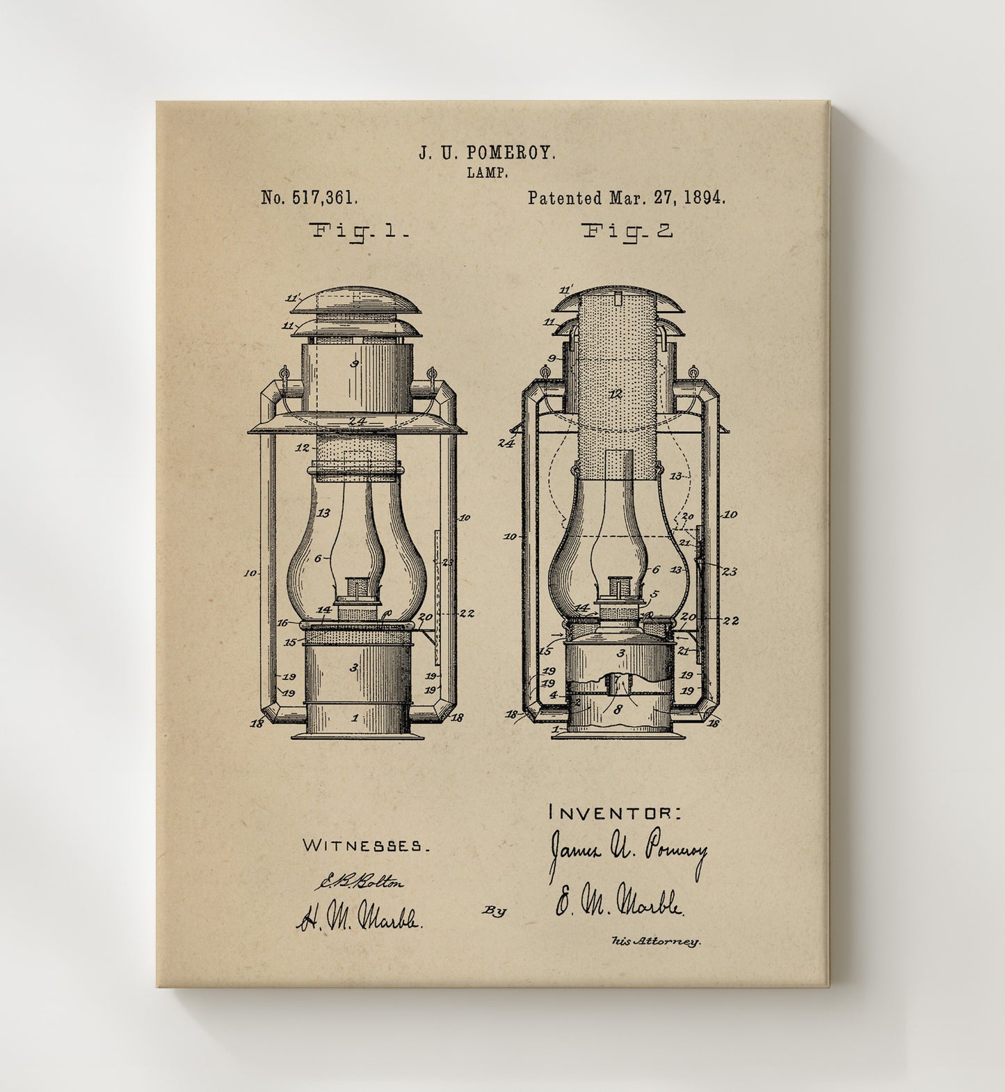 Patent Print - Lamp - J. U. Pomeroy - 1894 - Patent 517361 Patent Wall Art
