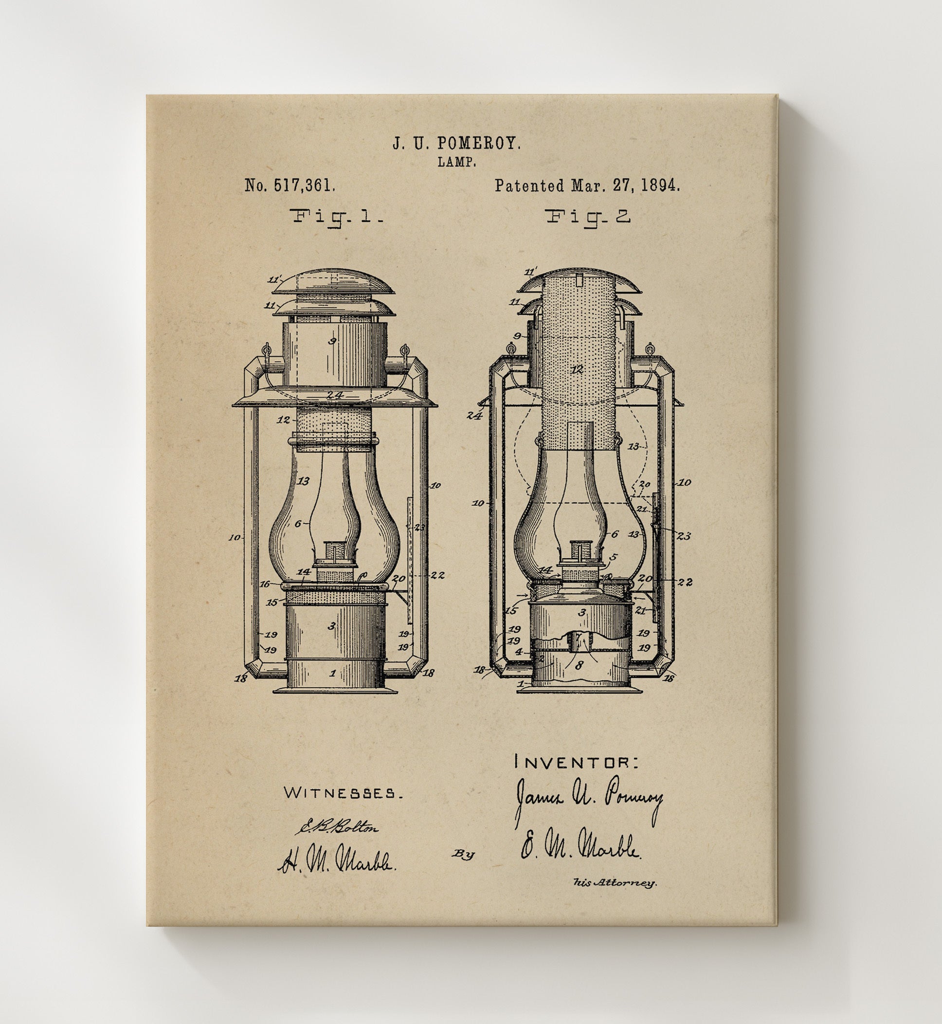 Patent Print - Lamp - J. U. Pomeroy - 1894 - Patent 517361 Patent Wall Art