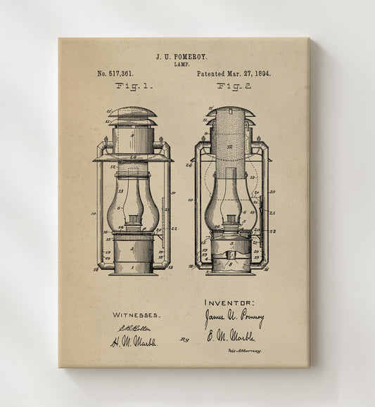 Lamp 1894 patent print wall art 8x10 Canvas