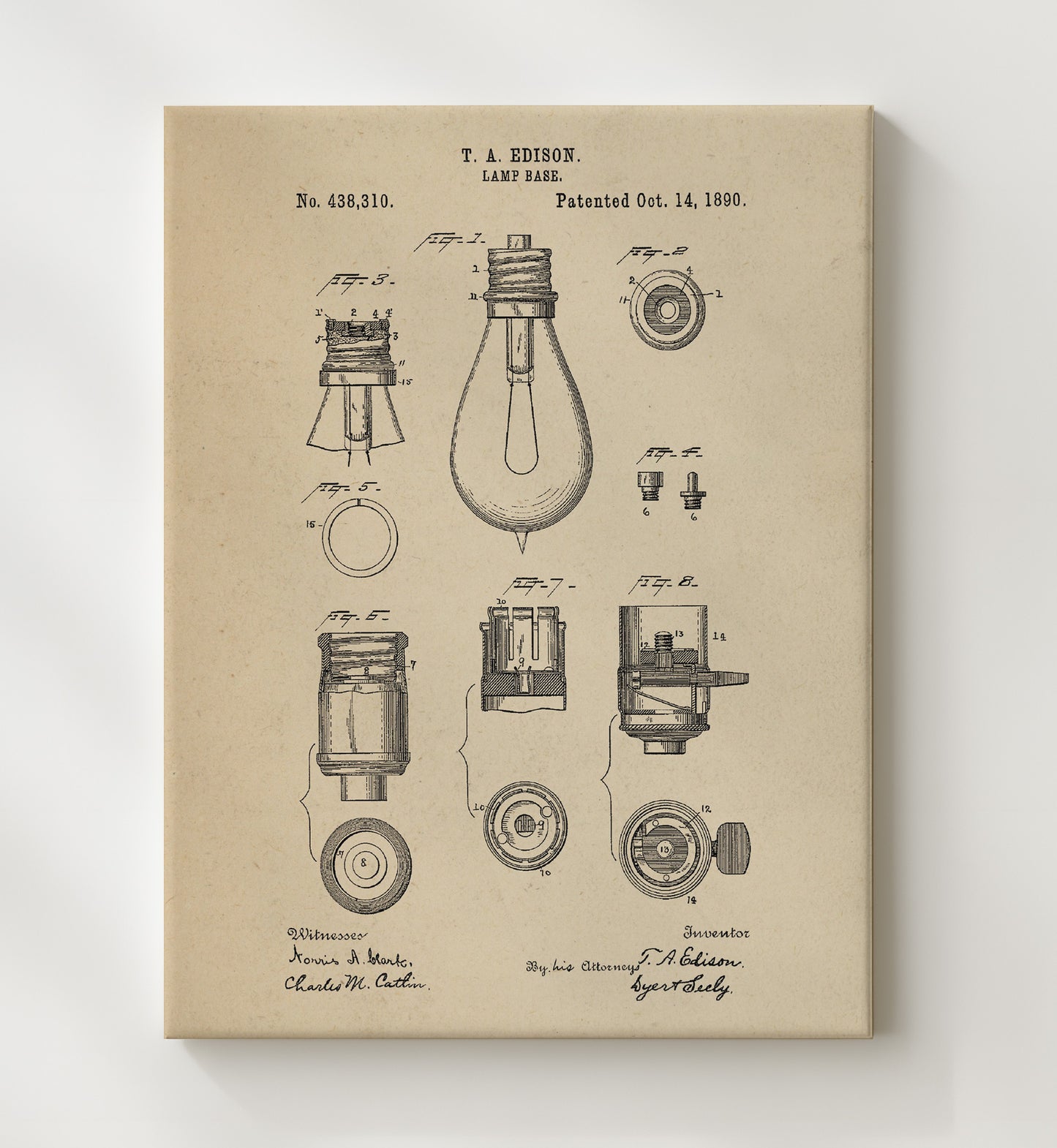 Patent Print - Lamp Base - Thomas Edison - 1890 - Patent 438319 Patent Wall Art