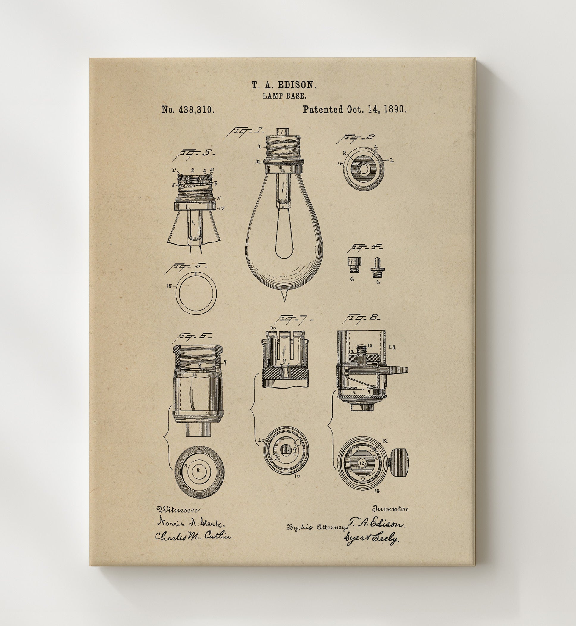 Patent Print - Lamp Base - Thomas Edison - 1890 - Patent 438319 Patent Wall Art