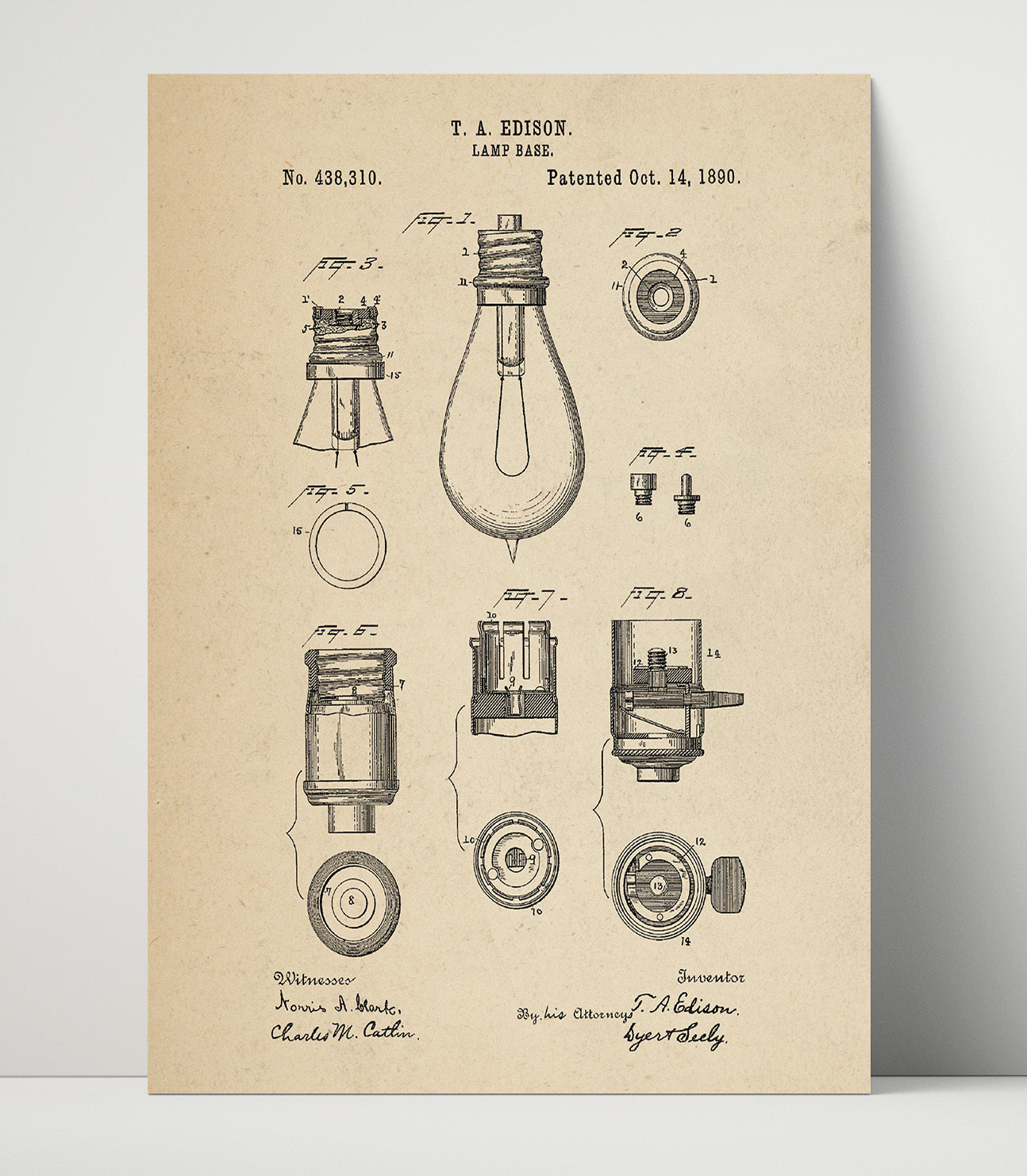 Patent Print - Lamp Base - Thomas Edison - 1890 - Patent 438319 Patent Wall Art