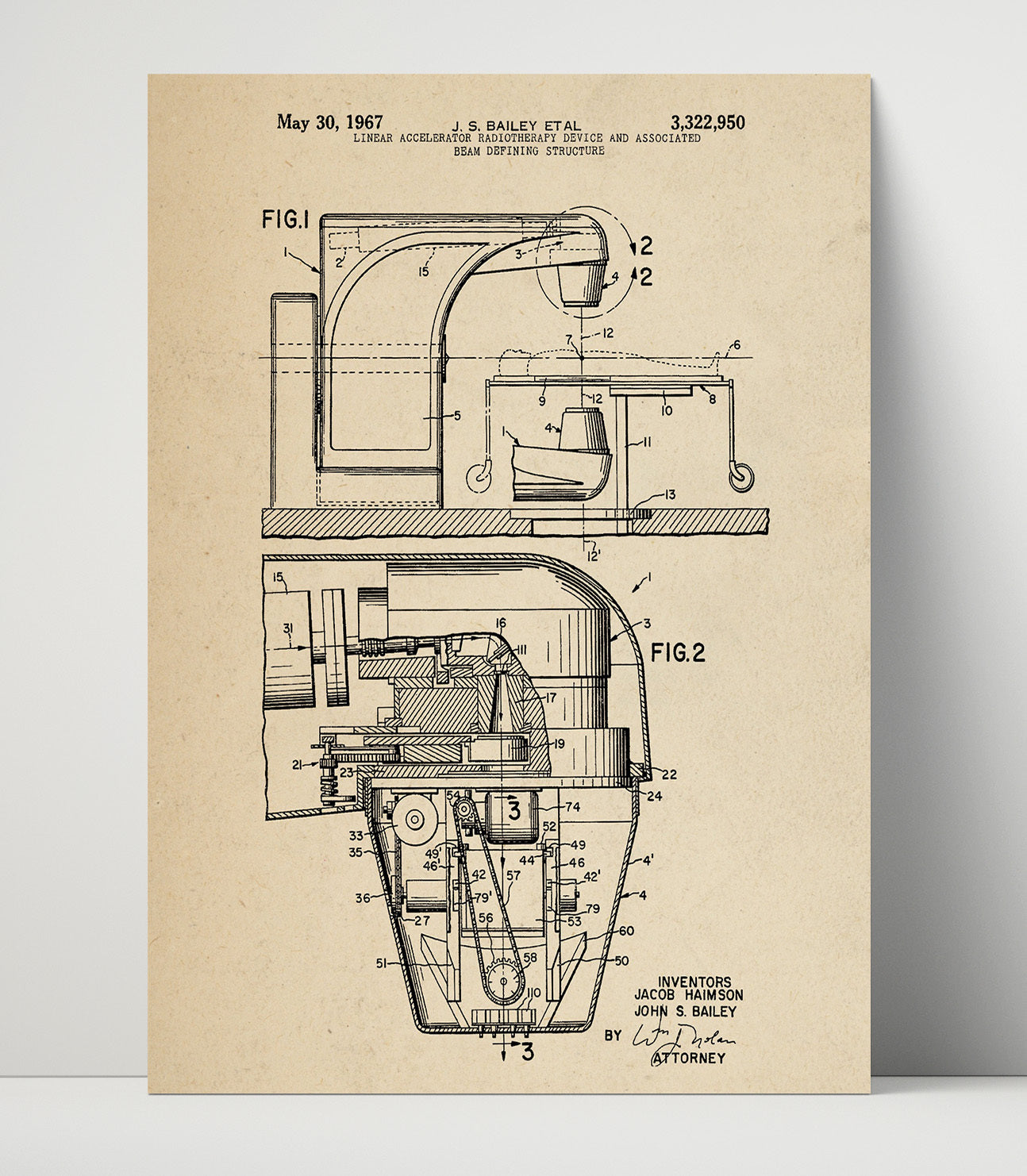Patent Print - Linear Accelerator Radiotherapy Device And Associated Beam Defining Structure - Jacob Haimson And John S Bailey - 1967 - Patent 3322950 Patent Wall Art