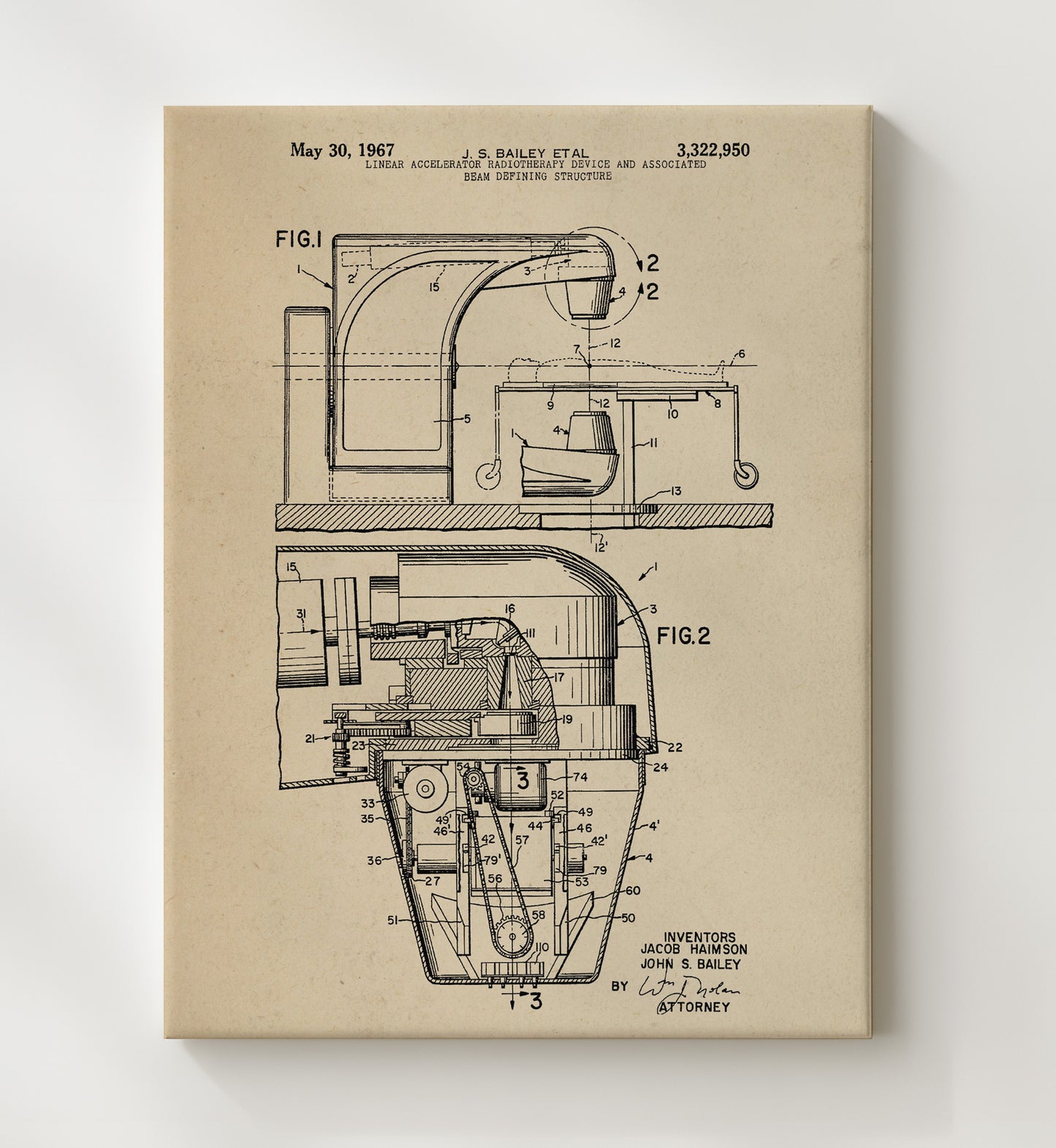 Patent Print - Linear Accelerator Radiotherapy Device And Associated Beam Defining Structure - Jacob Haimson And John S Bailey - 1967 - Patent 3322950 Patent Wall Art