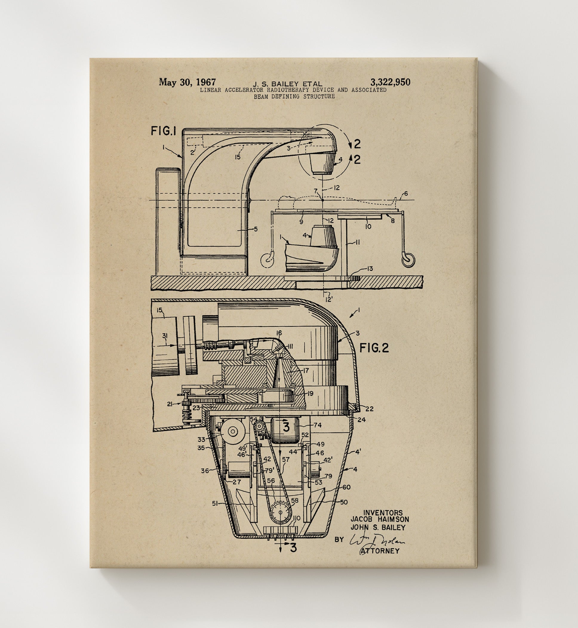 Patent Print - Linear Accelerator Radiotherapy Device And Associated Beam Defining Structure - Jacob Haimson And John S Bailey - 1967 - Patent 3322950 Patent Wall Art