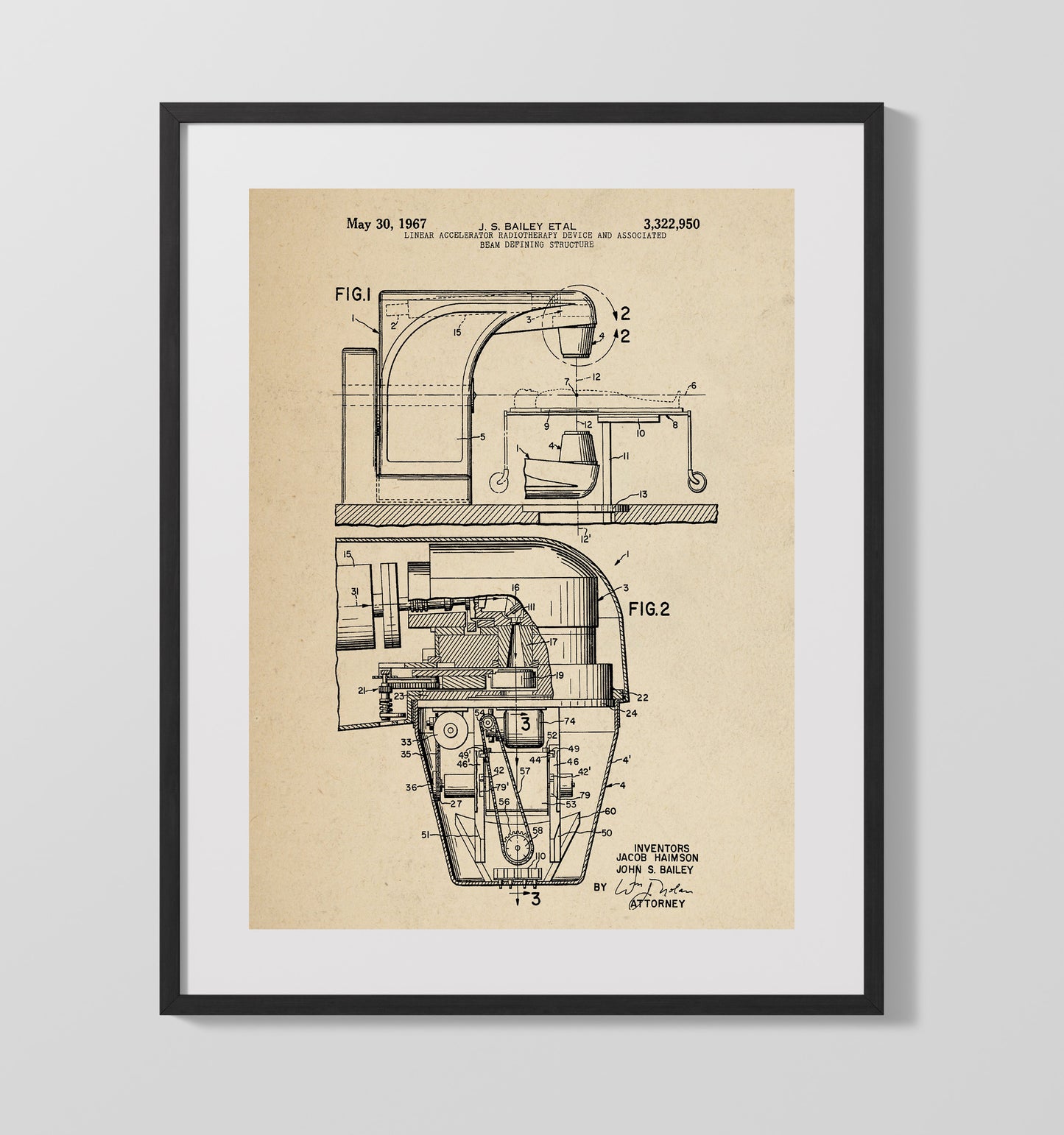 Patent Print - Linear Accelerator Radiotherapy Device And Associated Beam Defining Structure - Jacob Haimson And John S Bailey - 1967 - Patent 3322950 Patent Wall Art
