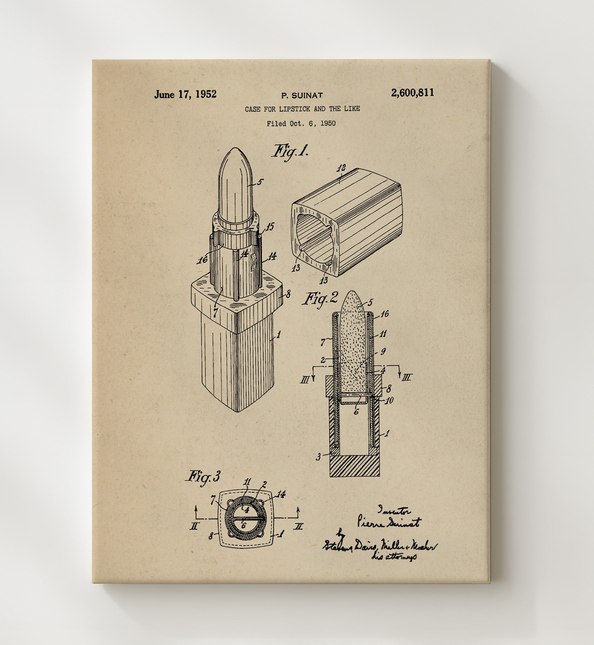 Patent Print - Lipstick Case - Pierre Suinat - 1952 - Patent 2600811 Patent Wall Art