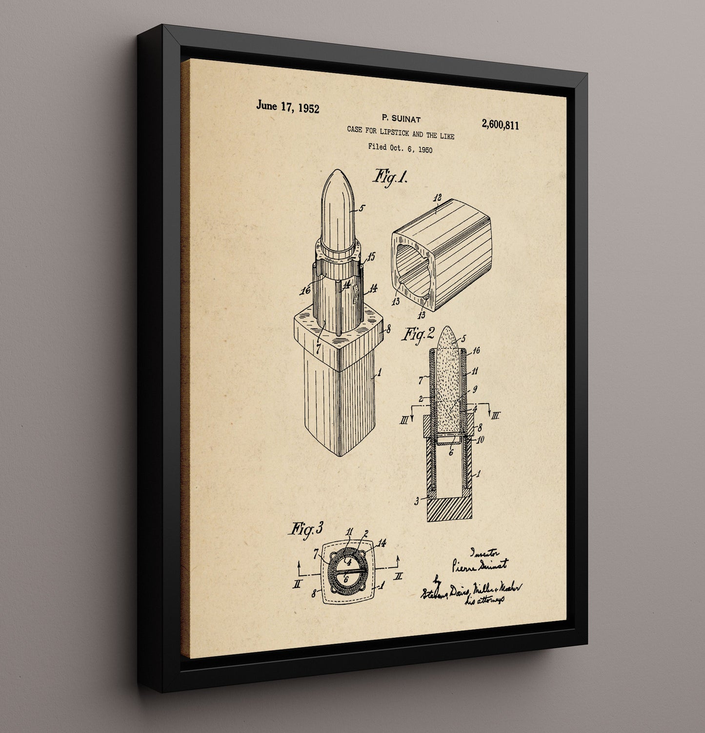 Patent Print - Lipstick Case - Pierre Suinat - 1952 - Patent 2600811 Patent Wall Art