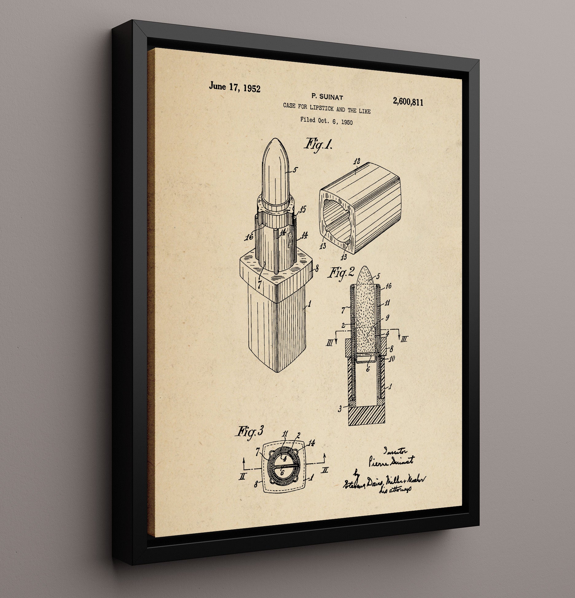 Patent Print - Lipstick Case - Pierre Suinat - 1952 - Patent 2600811 Patent Wall Art
