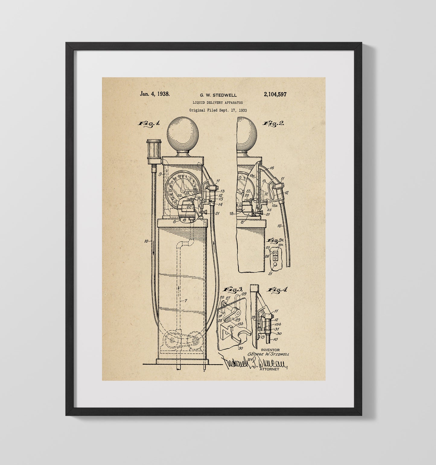 Patent Print - Liquid Delivery Apparatus - George W Stedwell - 1938 - Patent 2104597 Patent Wall Art