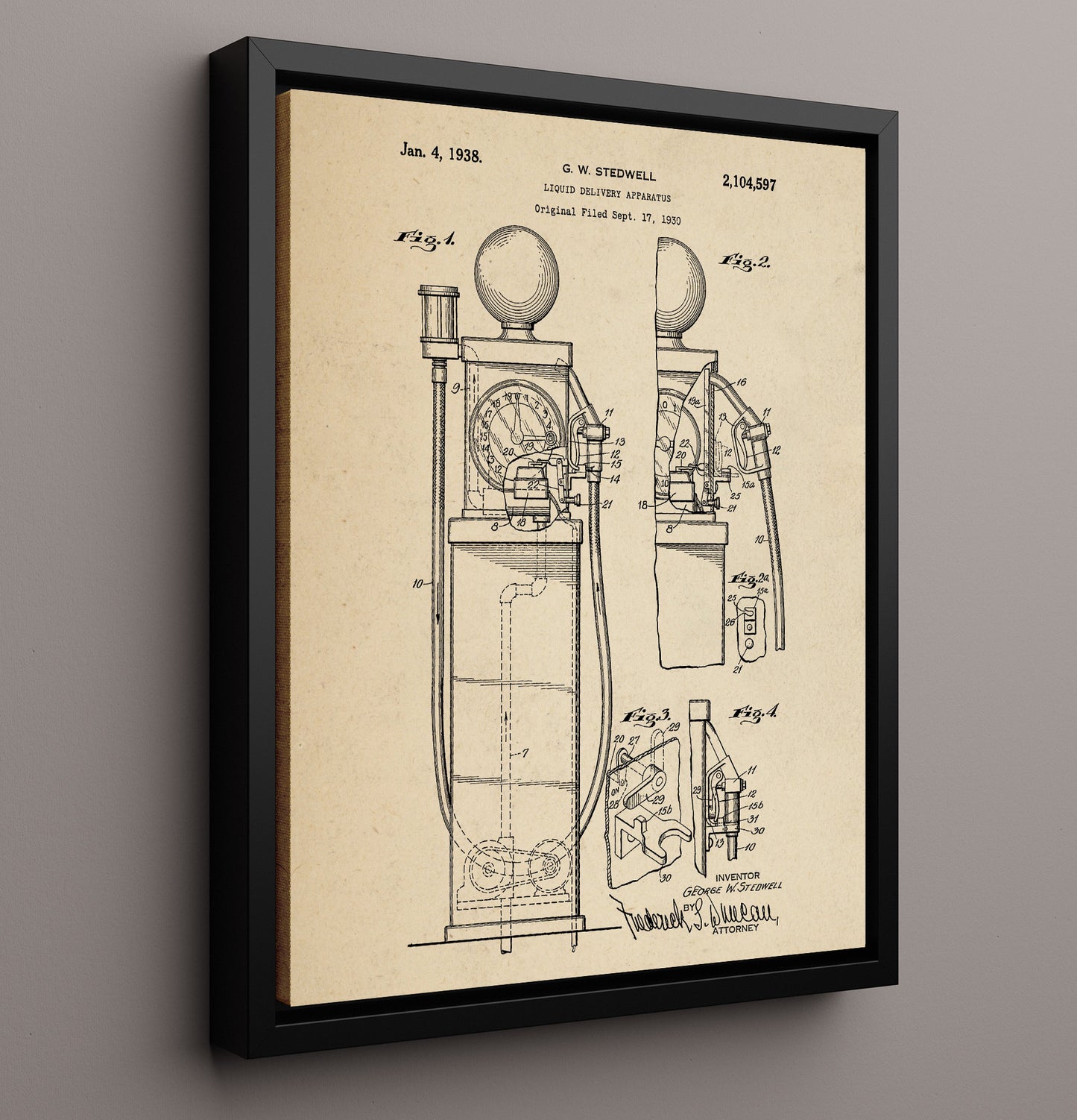 Patent Print - Liquid Delivery Apparatus - George W Stedwell - 1938 - Patent 2104597 Patent Wall Art
