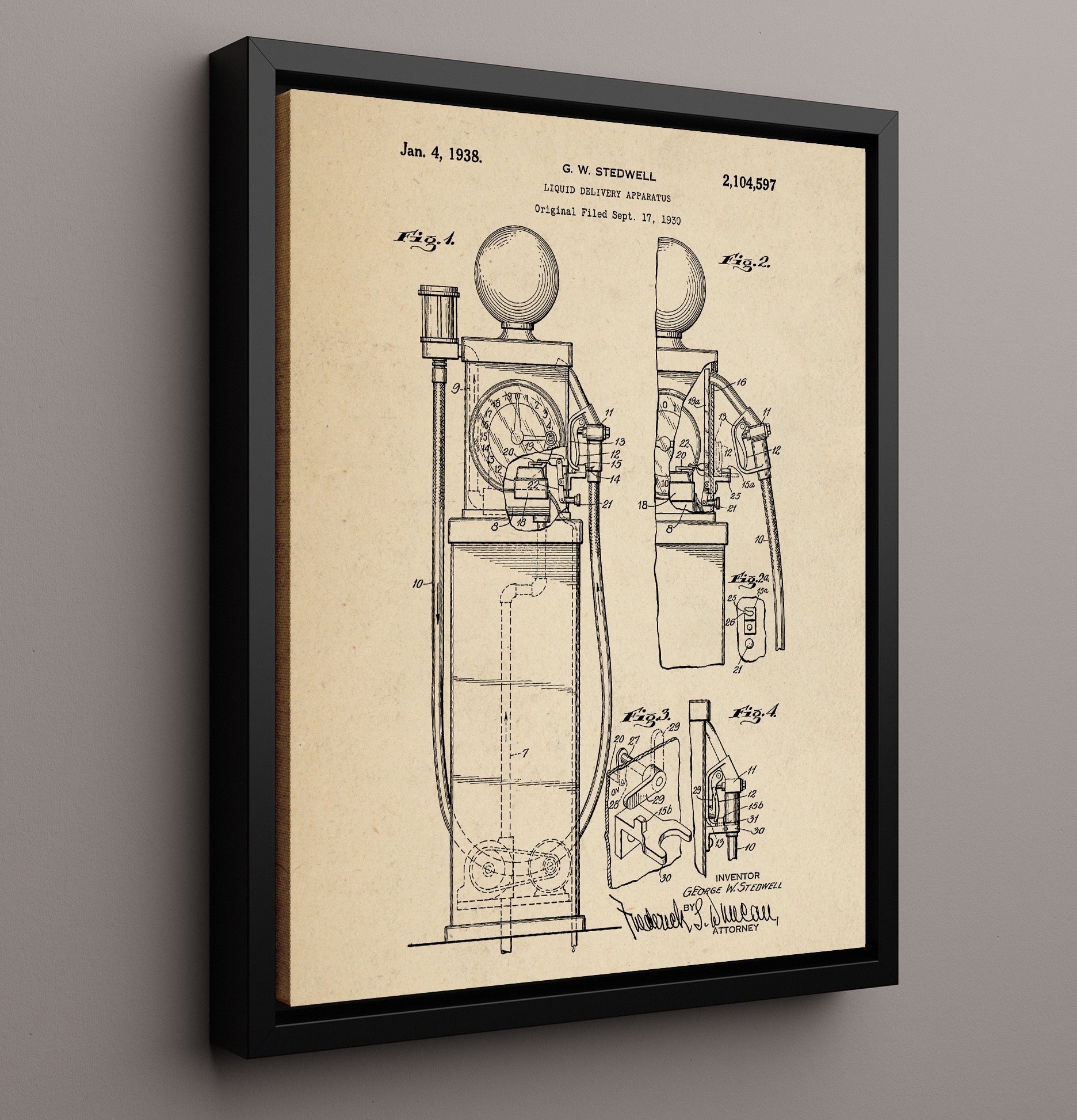Patent Print - Liquid Delivery Apparatus - George W Stedwell - 1938 - Patent 2104597 Patent Wall Art
