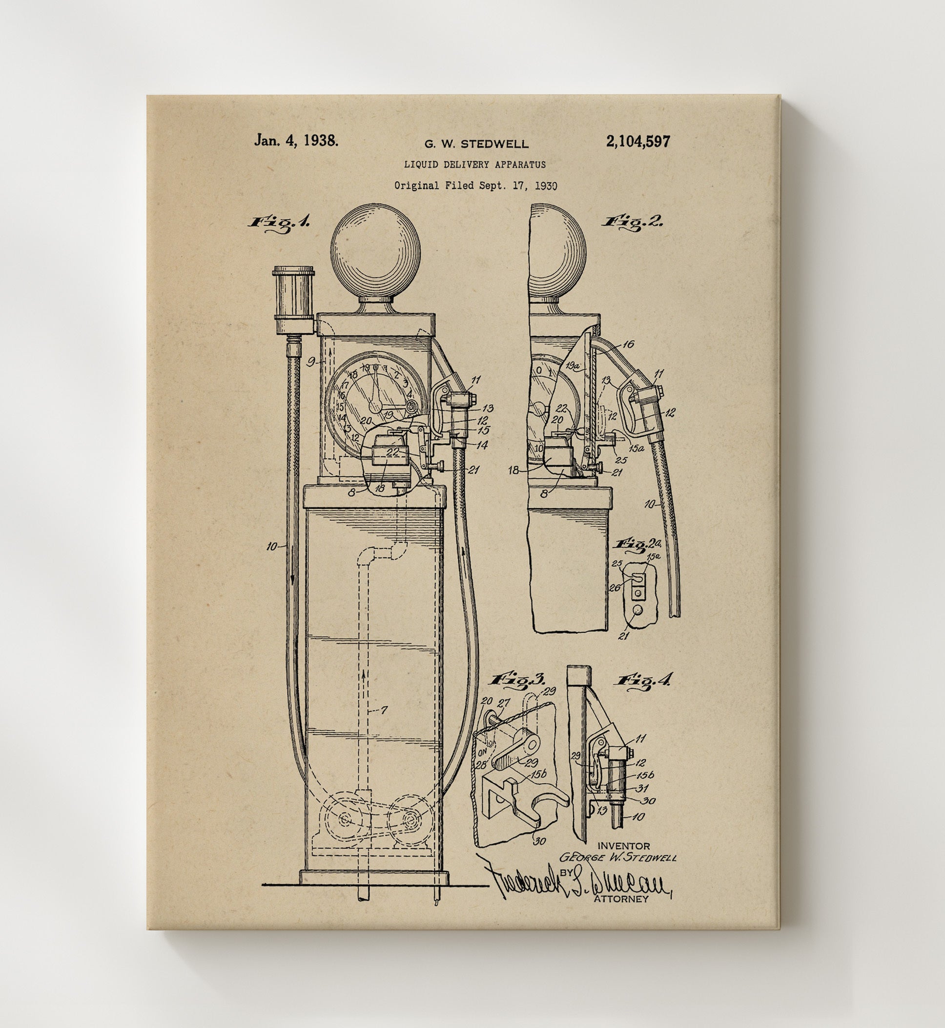 Patent Print - Liquid Delivery Apparatus - George W Stedwell - 1938 - Patent 2104597 Patent Wall Art