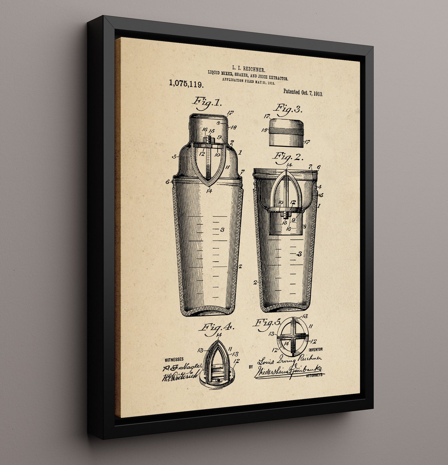 Patent Print - Liquid Mixer Shaker And Juice Extractor - L.I. Reichner - 1913 - Patent 1075119 Patent Wall Art