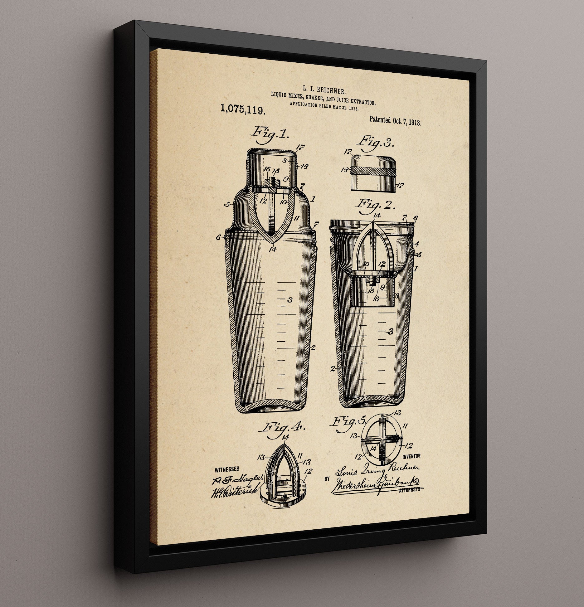 Patent Print - Liquid Mixer Shaker And Juice Extractor - L.I. Reichner - 1913 - Patent 1075119 Patent Wall Art