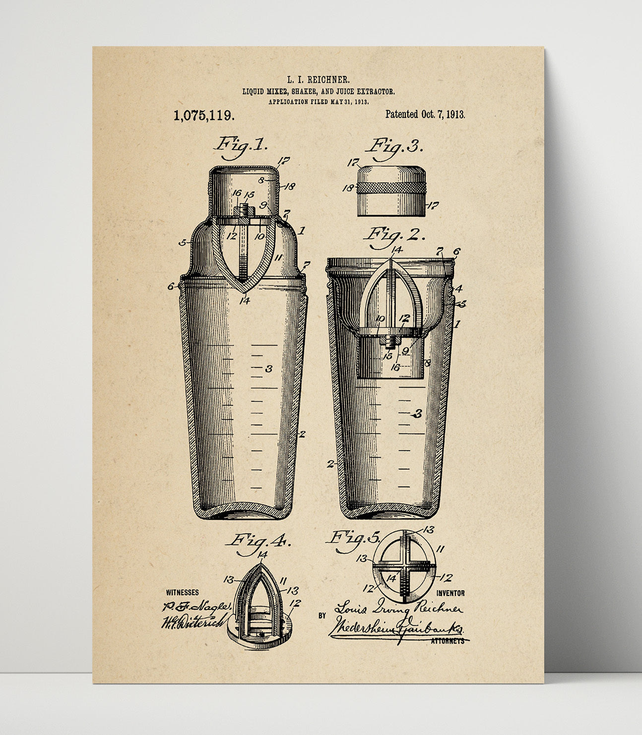 Patent Print - Liquid Mixer Shaker And Juice Extractor - L.I. Reichner - 1913 - Patent 1075119 Patent Wall Art