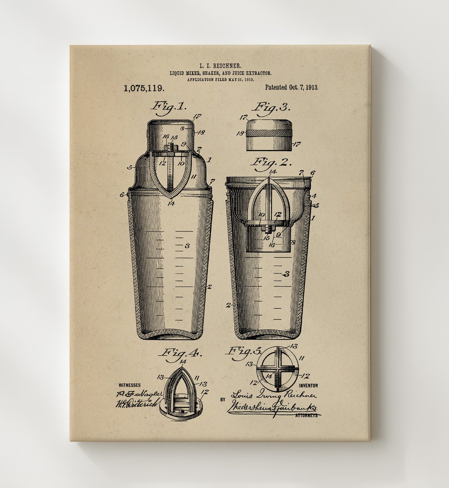 Patent Print - Liquid Mixer Shaker And Juice Extractor - L.I. Reichner - 1913 - Patent 1075119 Patent Wall Art