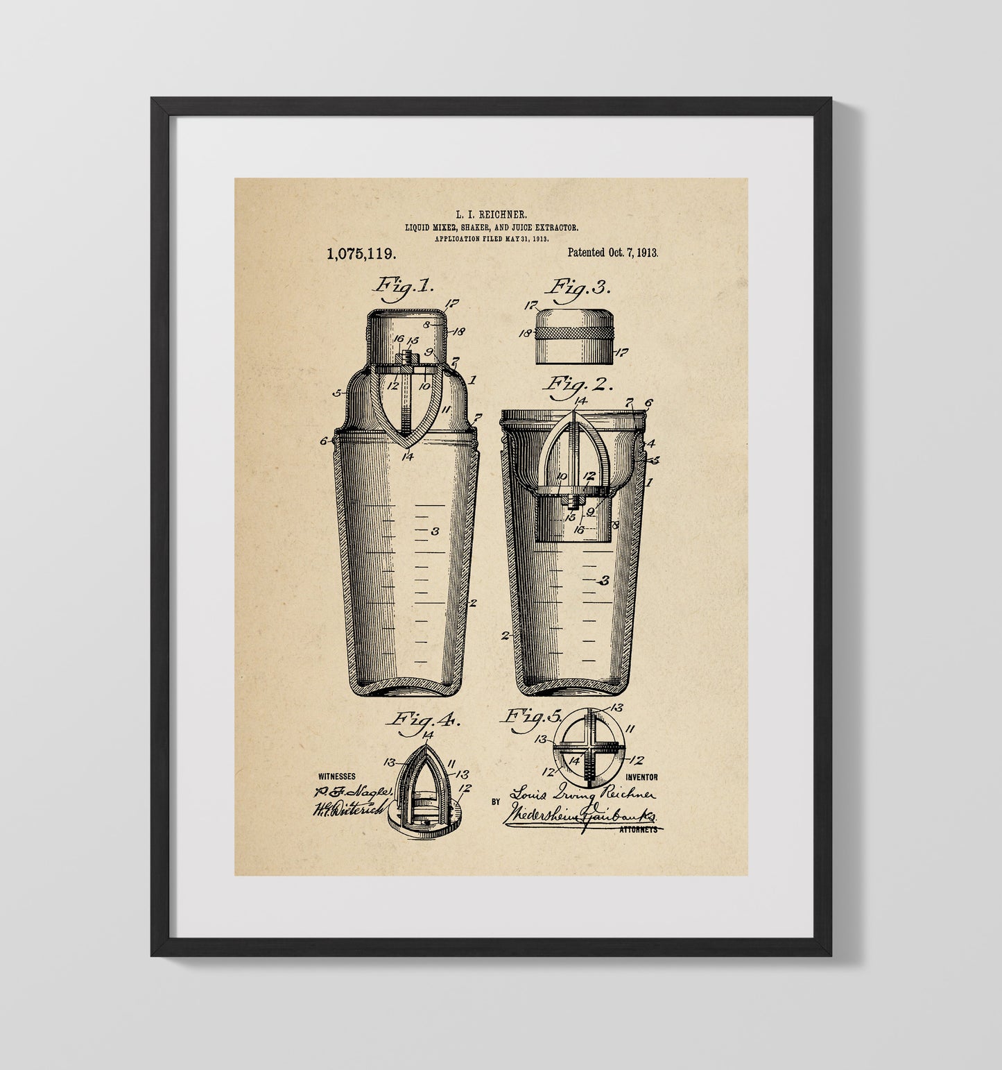 Patent Print - Liquid Mixer Shaker And Juice Extractor - L.I. Reichner - 1913 - Patent 1075119 Patent Wall Art