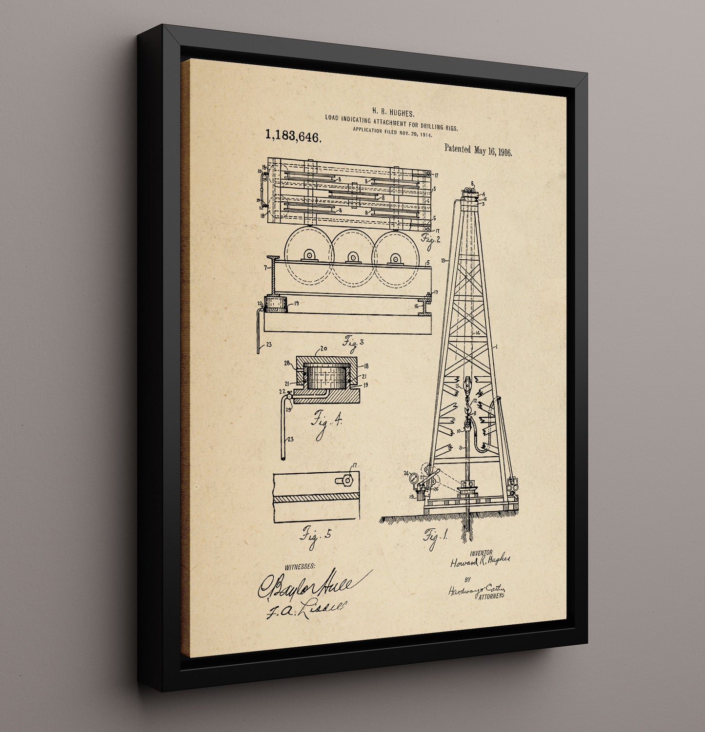 Patent Print - Load Indicating Attachment For Drilling Rigs - Howard R. Hughes - 1916 - Patent 1183646 Patent Wall Art