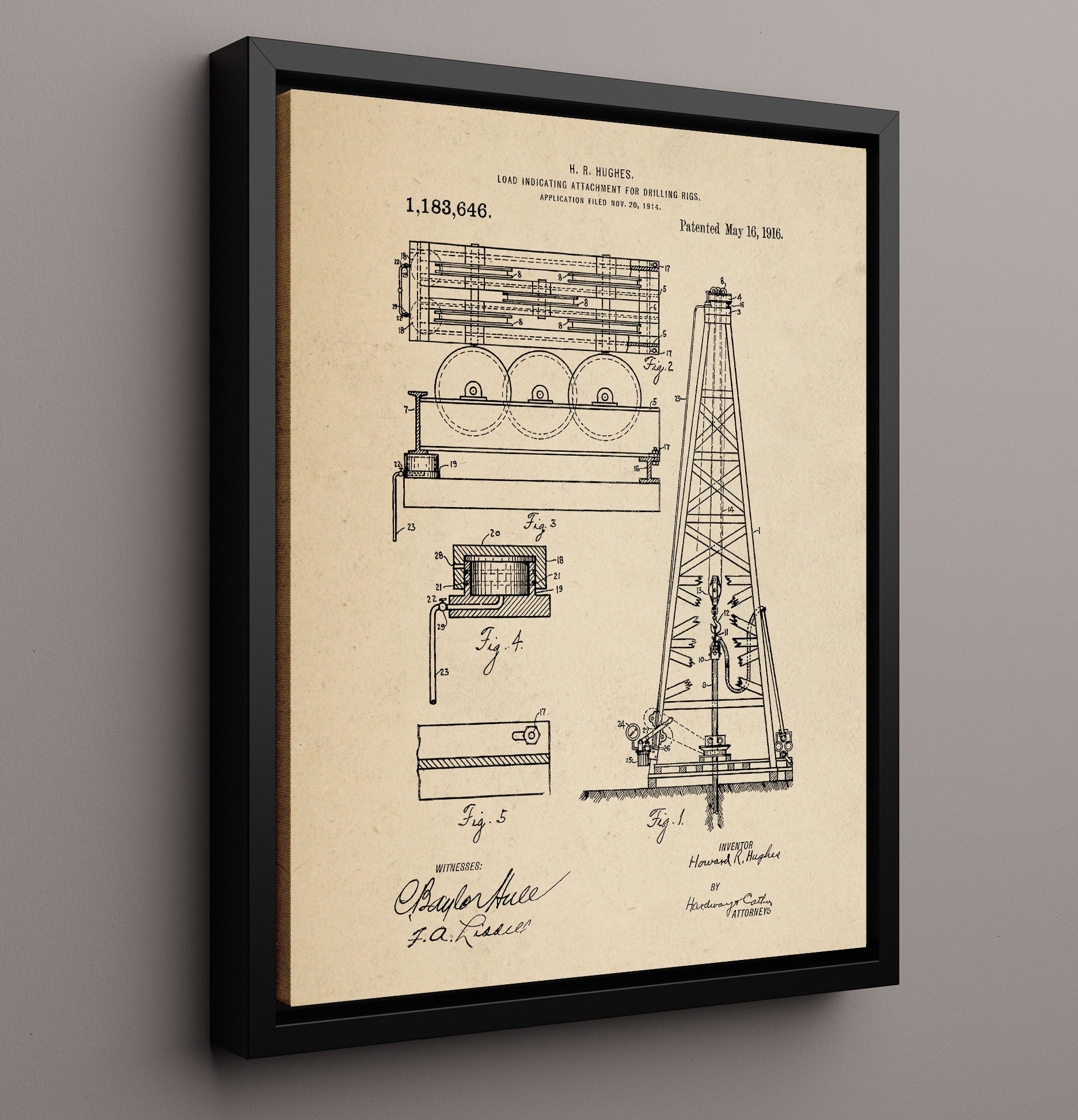 Patent Print - Load Indicating Attachment For Drilling Rigs - Howard R. Hughes - 1916 - Patent 1183646 Patent Wall Art