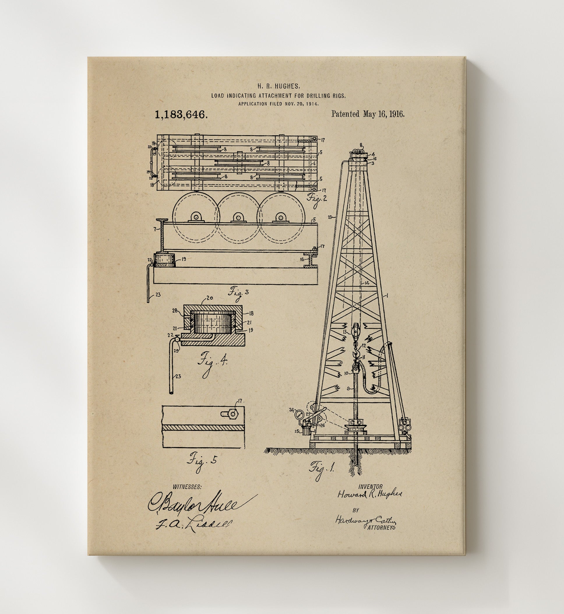 Patent Print - Load Indicating Attachment For Drilling Rigs - Howard R. Hughes - 1916 - Patent 1183646 Patent Wall Art