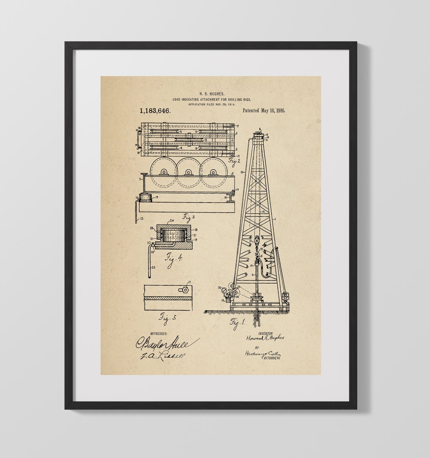 Patent Print - Load Indicating Attachment For Drilling Rigs - Howard R. Hughes - 1916 - Patent 1183646 Patent Wall Art