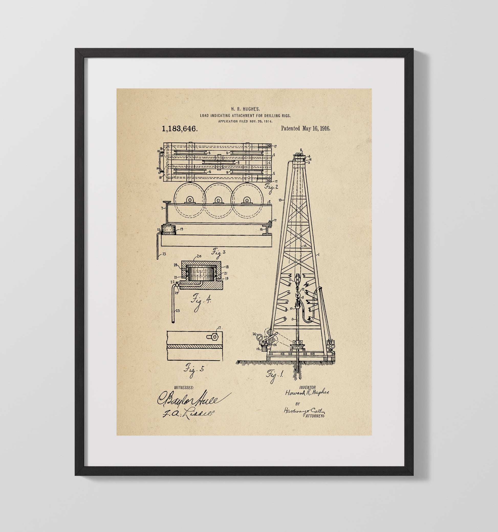 Patent Print - Load Indicating Attachment For Drilling Rigs - Howard R. Hughes - 1916 - Patent 1183646 Patent Wall Art
