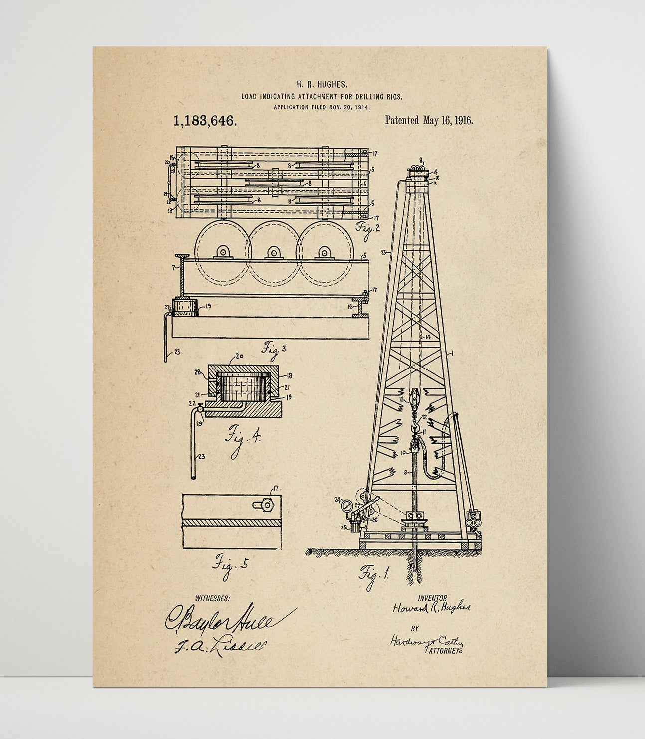 Patent Print - Load Indicating Attachment For Drilling Rigs - Howard R. Hughes - 1916 - Patent 1183646 Patent Wall Art