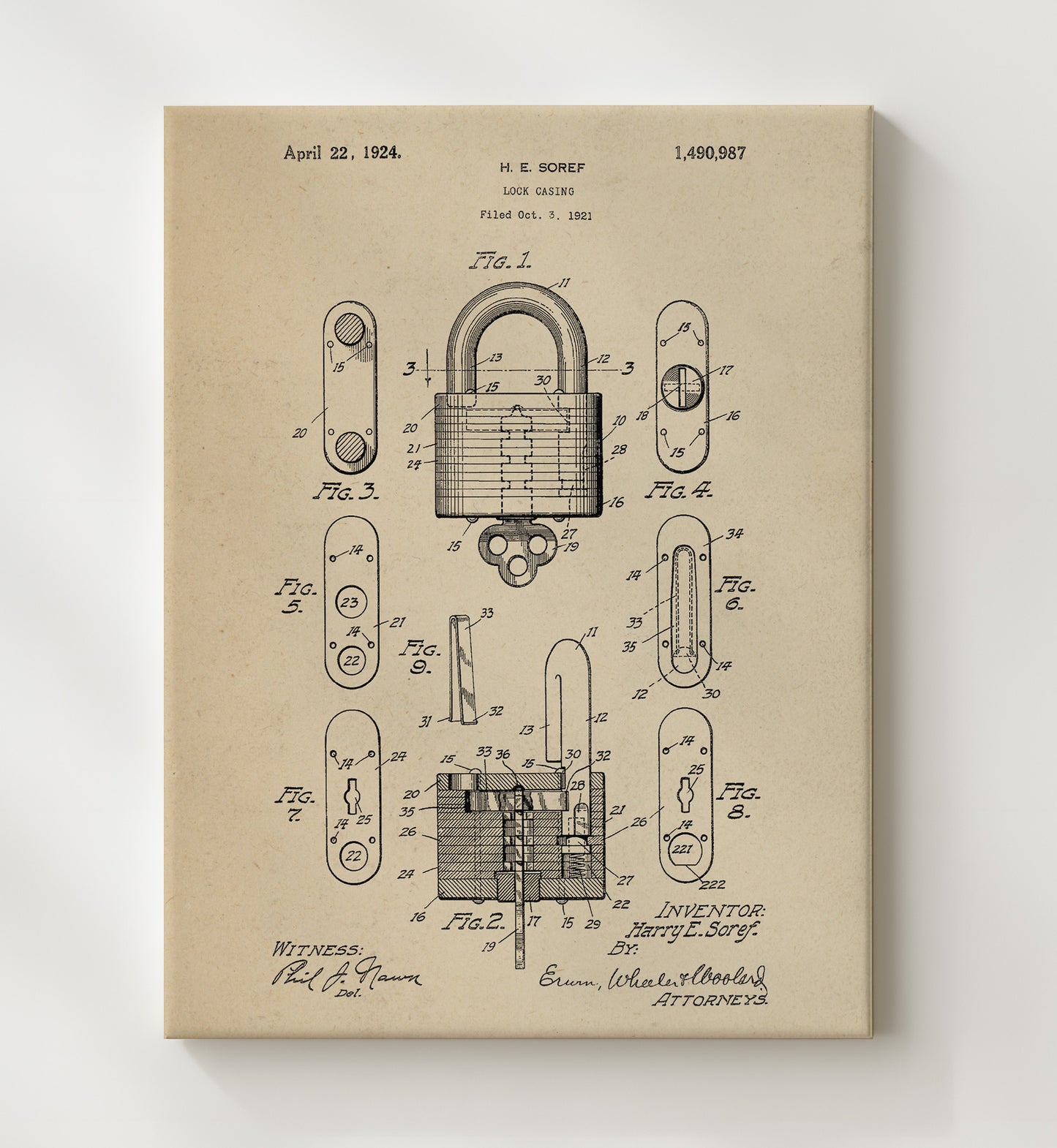Patent Print - Lock Casing - H. E. Soref - 1924 - Patent 1490987 Patent Wall Art