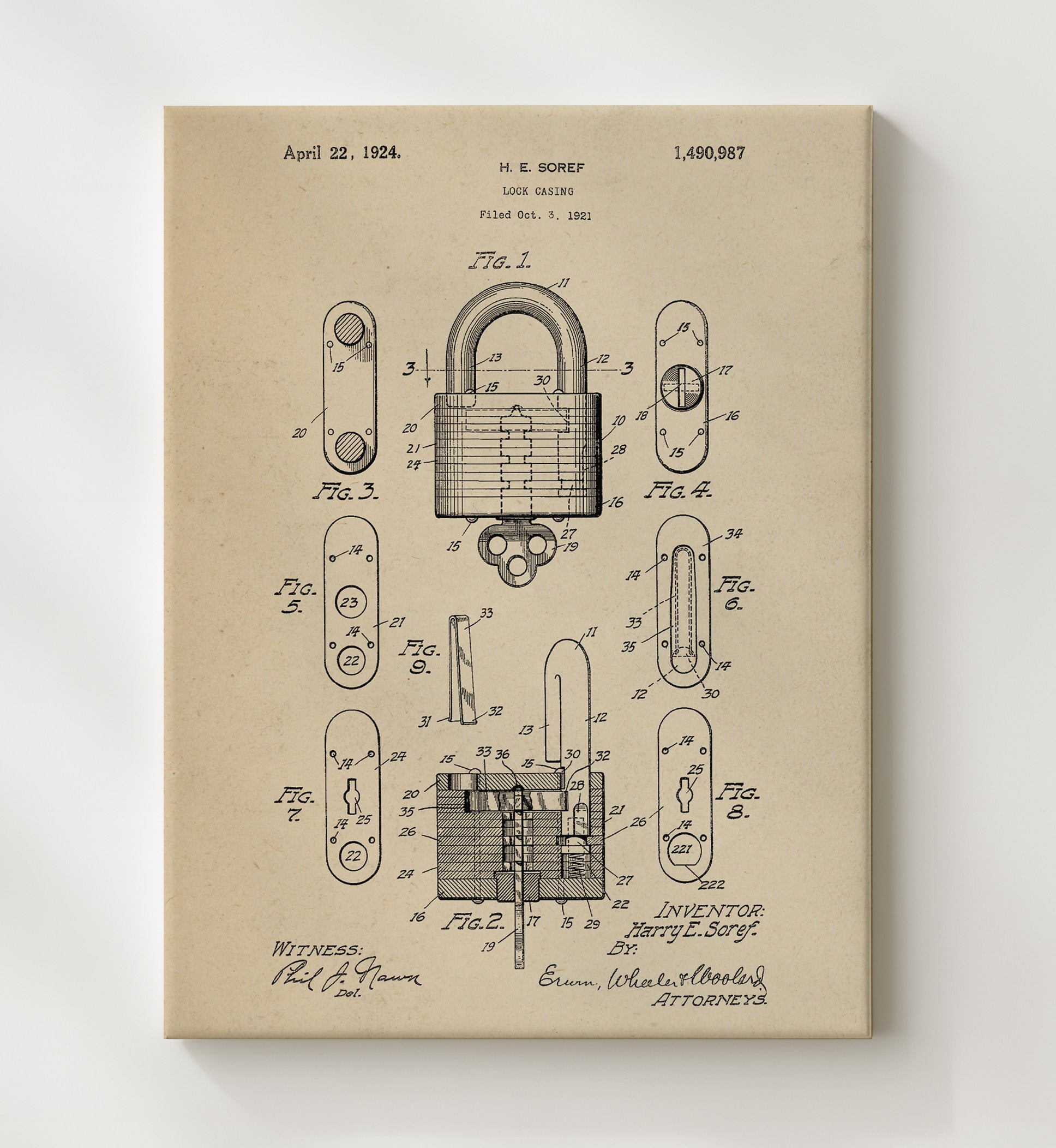 Patent Print - Lock Casing - H. E. Soref - 1924 - Patent 1490987 Patent Wall Art
