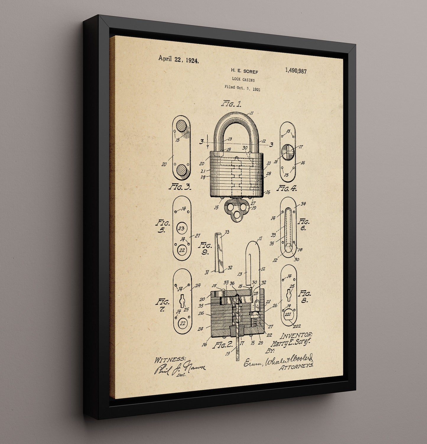 Patent Print - Lock Casing - H. E. Soref - 1924 - Patent 1490987 Patent Wall Art
