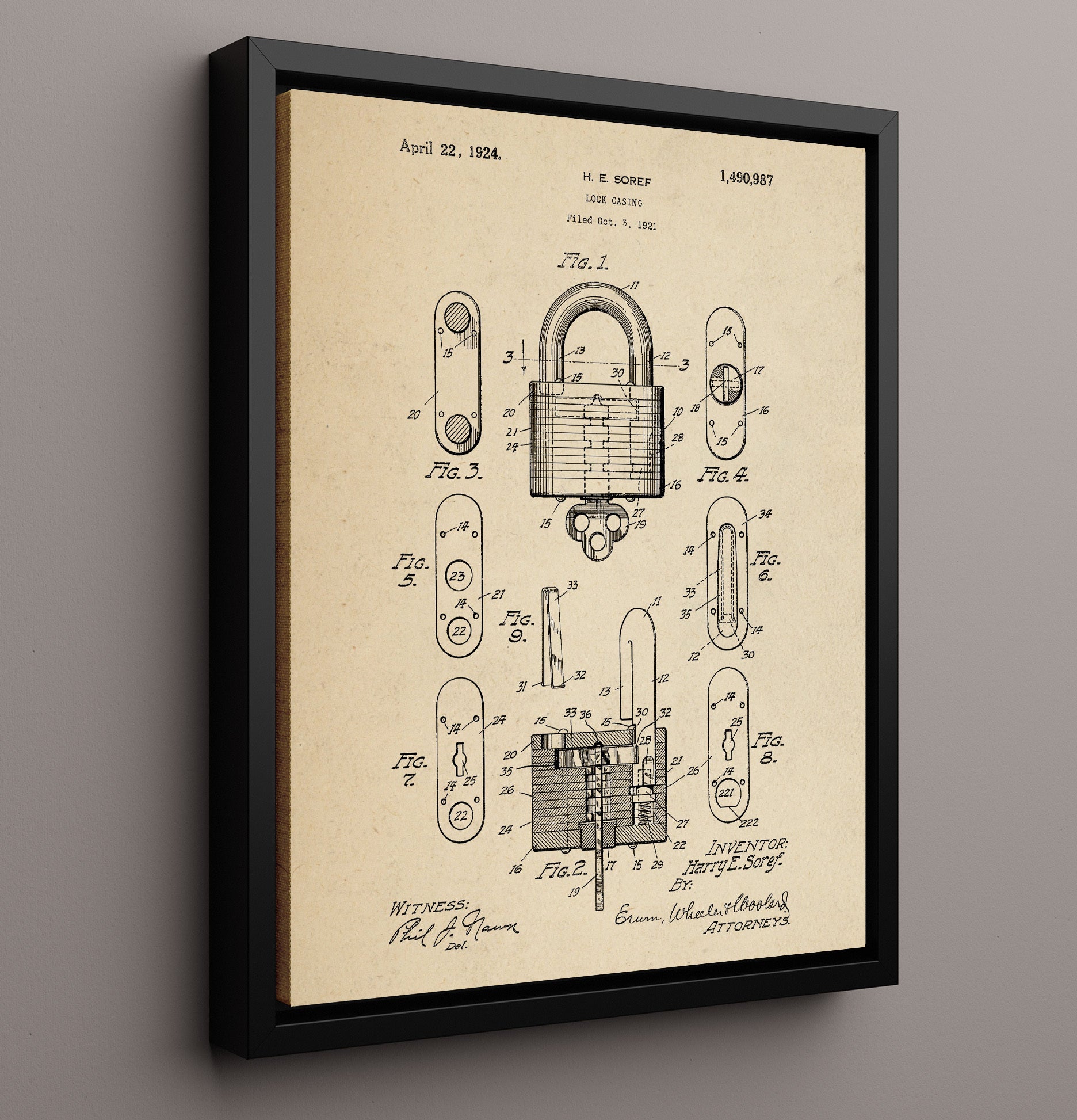 Patent Print - Lock Casing - H. E. Soref - 1924 - Patent 1490987 Patent Wall Art