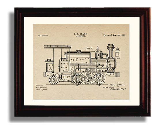Patent Print - Locomotive - H K Adams - 1886 - Patent 353395 - Landscape Patent Wall Art