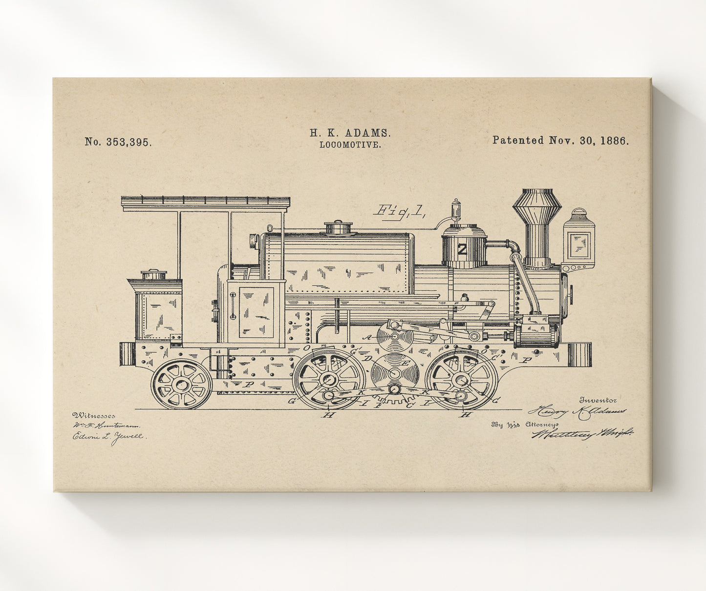 Patent Print - Locomotive - H K Adams - 1886 - Patent 353395 - Landscape Patent Wall Art