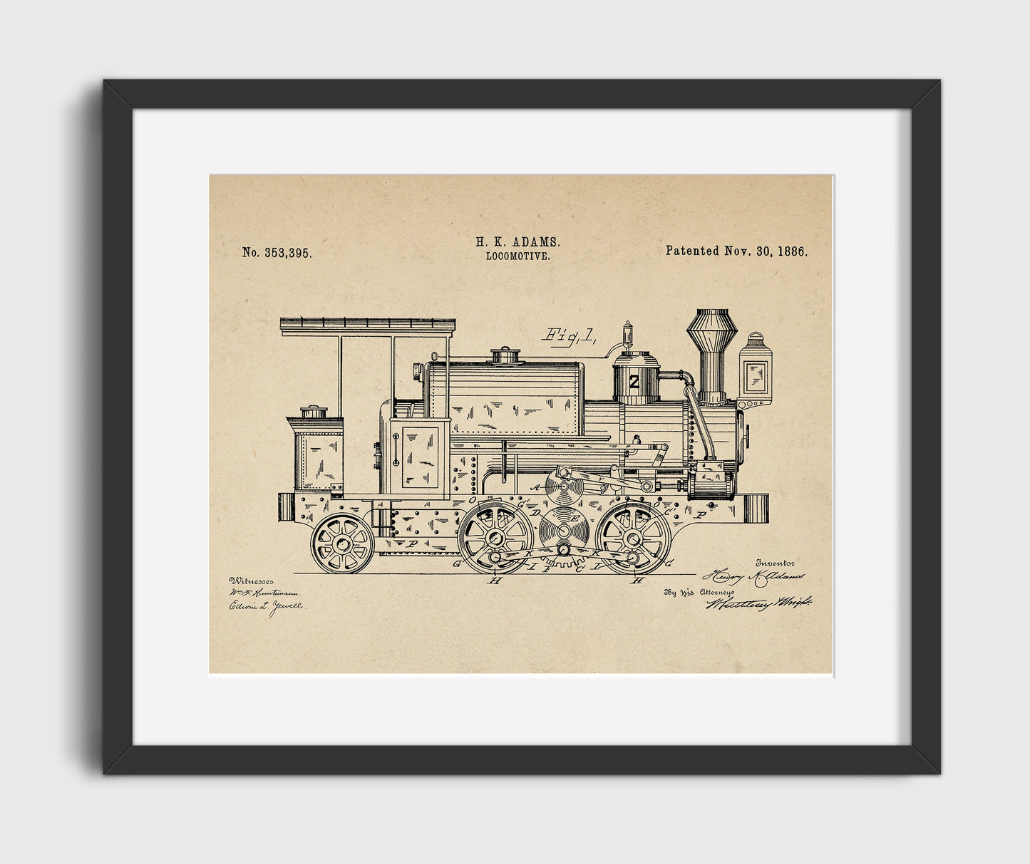 Patent Print - Locomotive - H K Adams - 1886 - Patent 353395 - Landscape Patent Wall Art