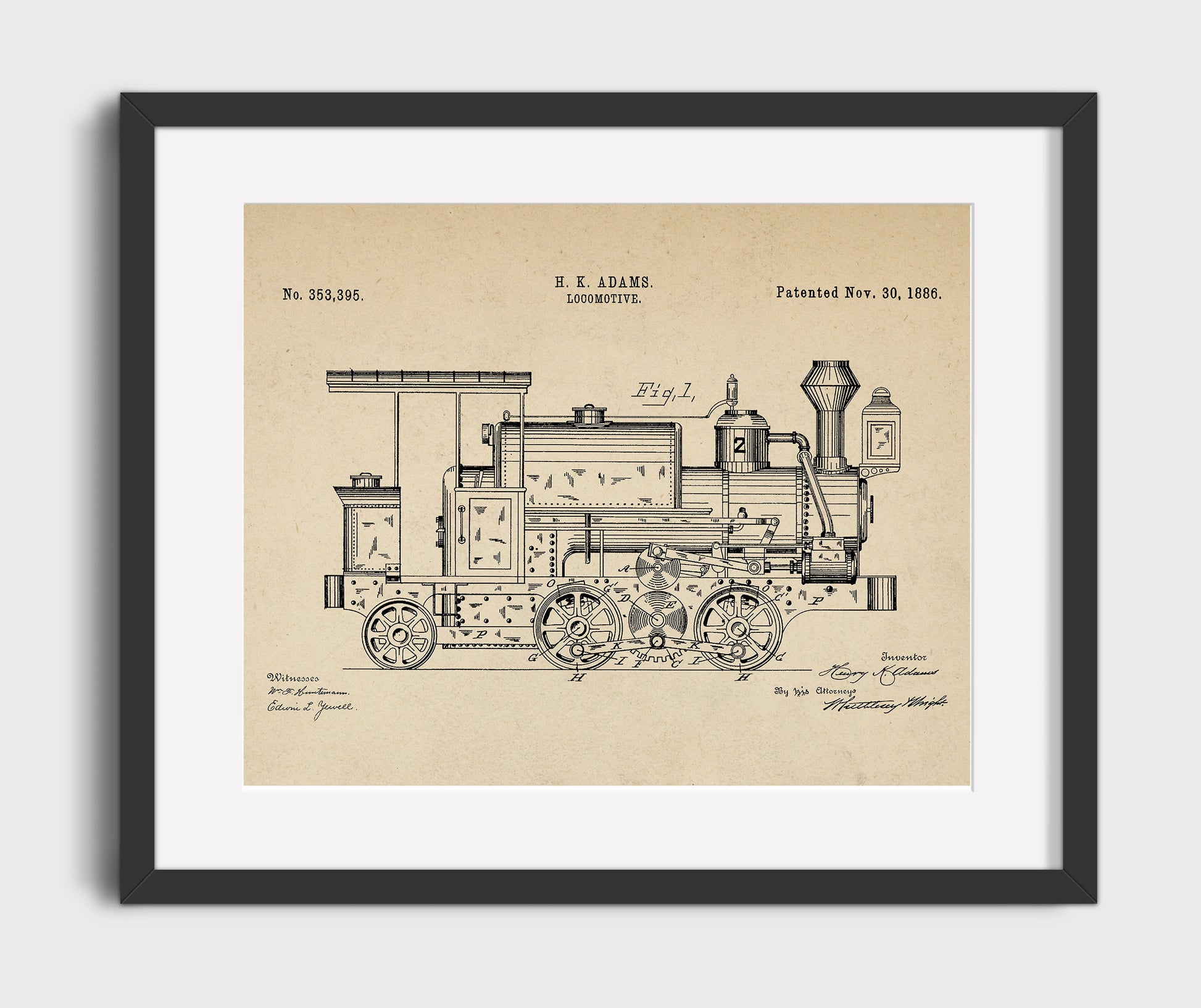Patent Print - Locomotive - H K Adams - 1886 - Patent 353395 - Landscape Patent Wall Art
