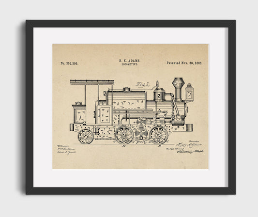 Locomotive - 1886 Patent - 16x20 Gallery Frame