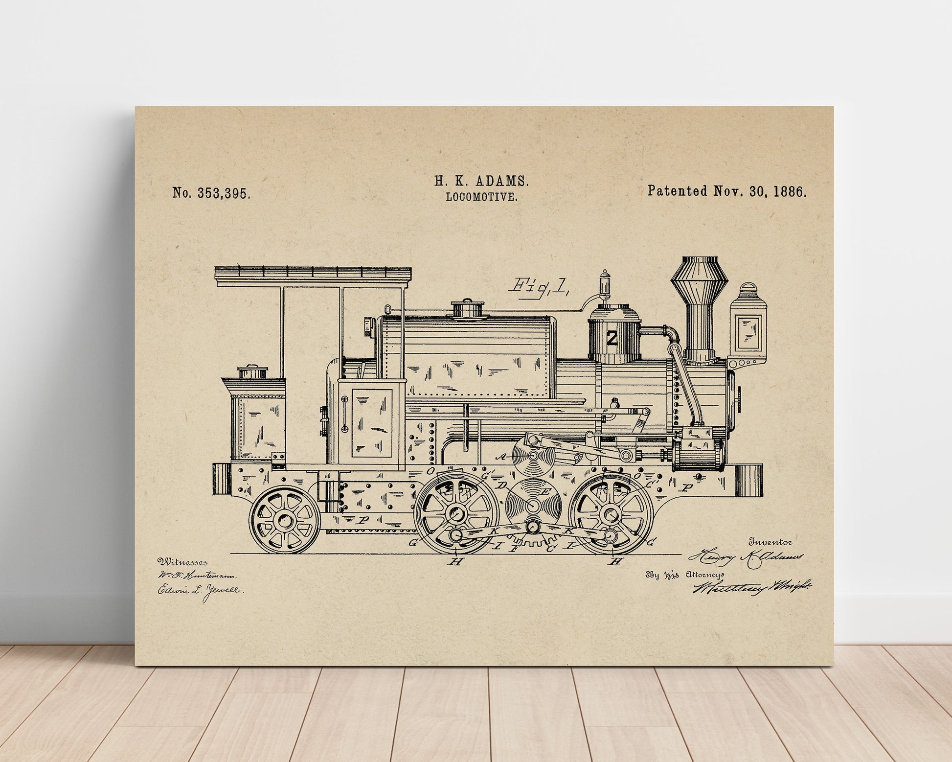 Patent Print - Locomotive - H K Adams - 1886 - Patent 353395 - Landscape Patent Wall Art