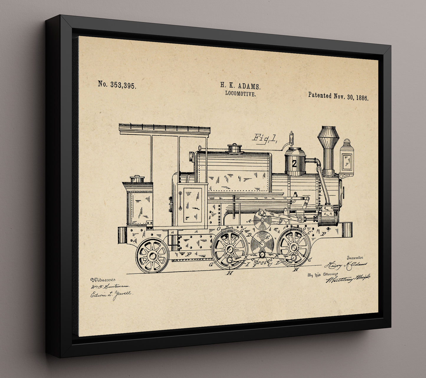 Patent Print - Locomotive - H K Adams - 1886 - Patent 353395 - Landscape Patent Wall Art