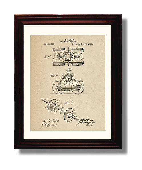 Patent Print - Locomotive Engine - Allen J Huber - 1891 - Patent 462556 Patent Wall Art