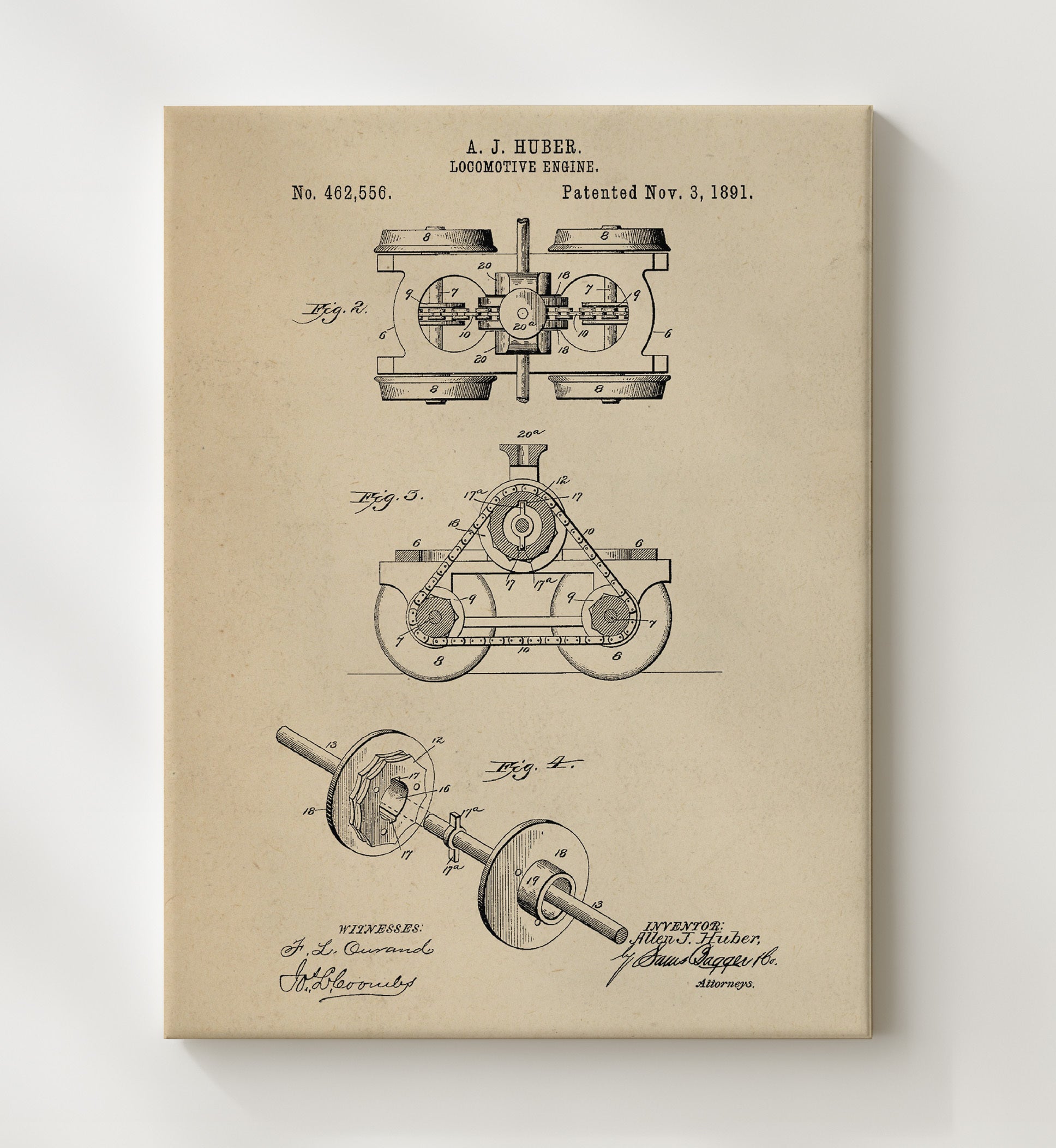Patent Print - Locomotive Engine - Allen J Huber - 1891 - Patent 462556 Patent Wall Art