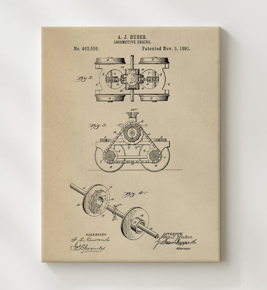 Locomotive Engine - 1891 Patent - 20x24 Canvas