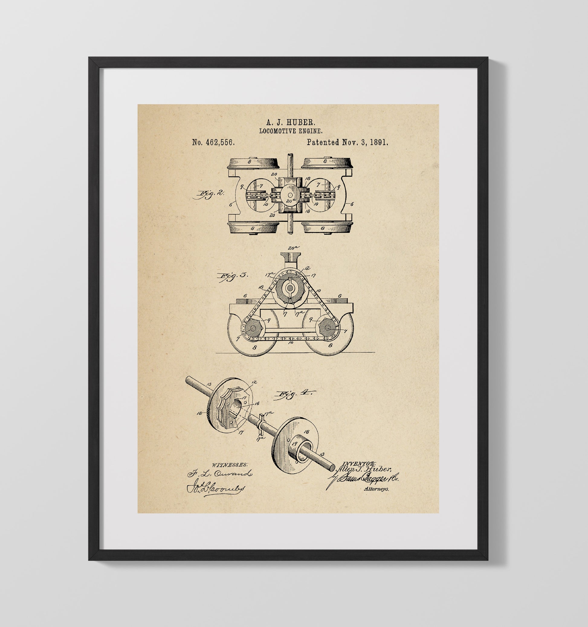 Patent Print - Locomotive Engine - Allen J Huber - 1891 - Patent 462556 Patent Wall Art
