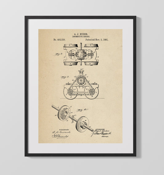 Locomotive Engine - 1891 Patent - 16x20 Gallery Frame