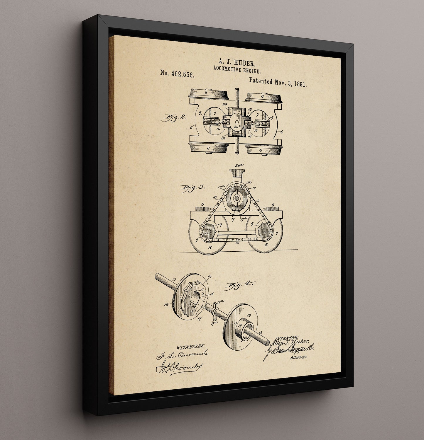Patent Print - Locomotive Engine - Allen J Huber - 1891 - Patent 462556 Patent Wall Art