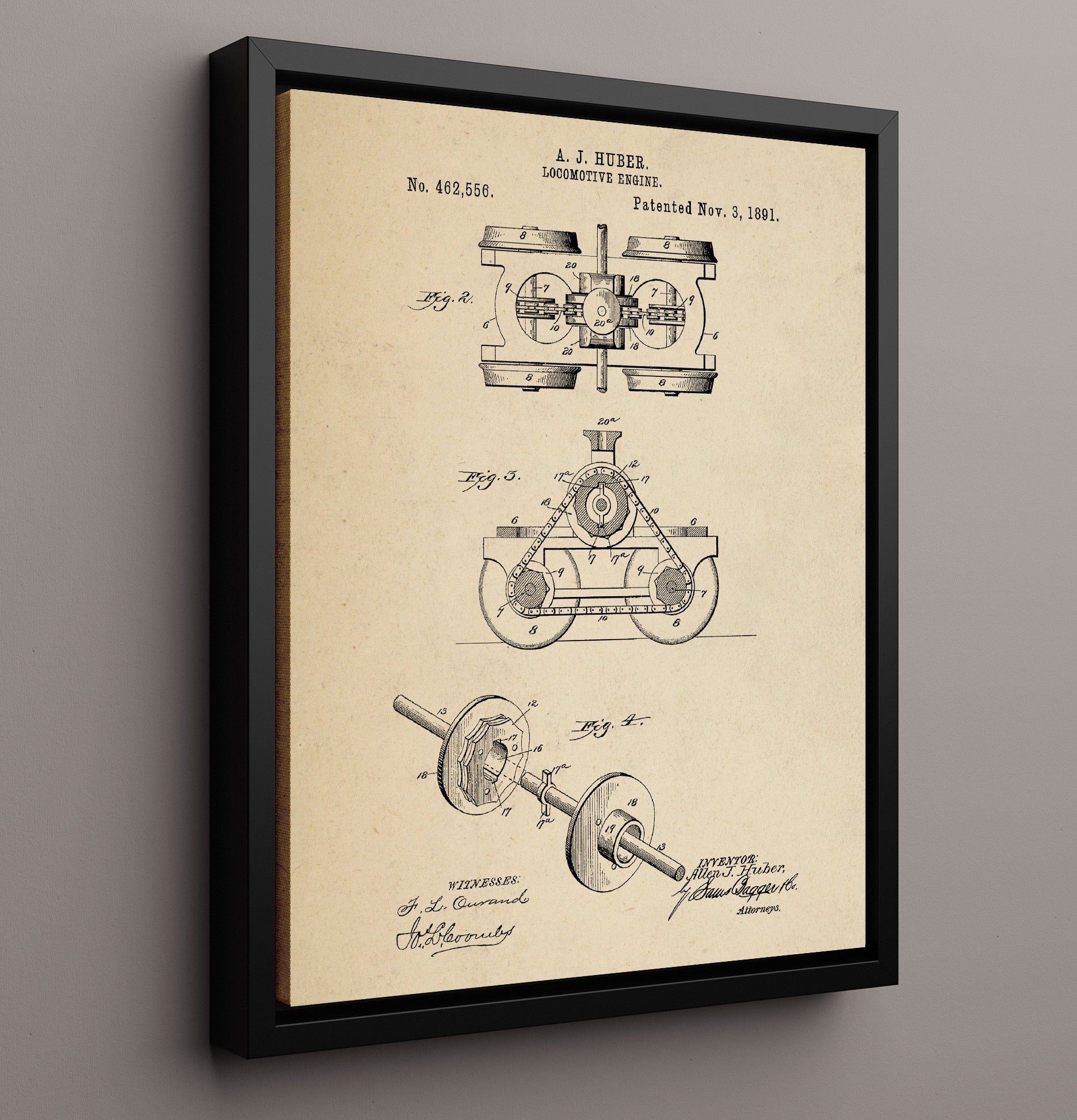 Patent Print - Locomotive Engine - Allen J Huber - 1891 - Patent 462556 Patent Wall Art