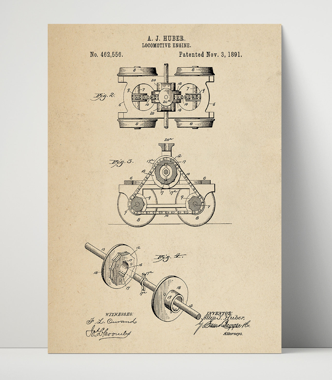 Patent Print - Locomotive Engine - Allen J Huber - 1891 - Patent 462556 Patent Wall Art