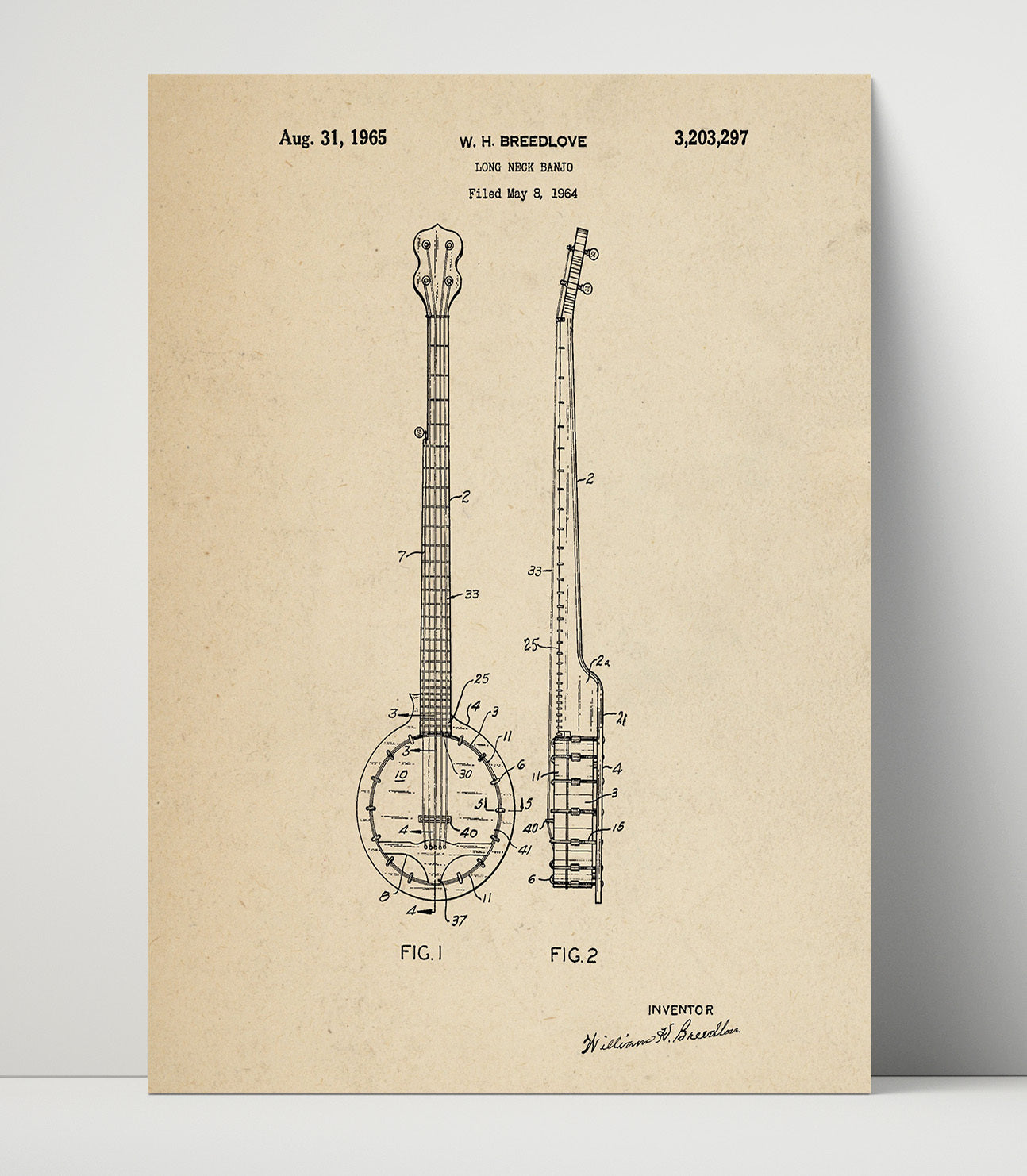 Patent Print - Long Neck Banjo - William H. Breedlove - 1965 - Patent 3203297 Patent Wall Art